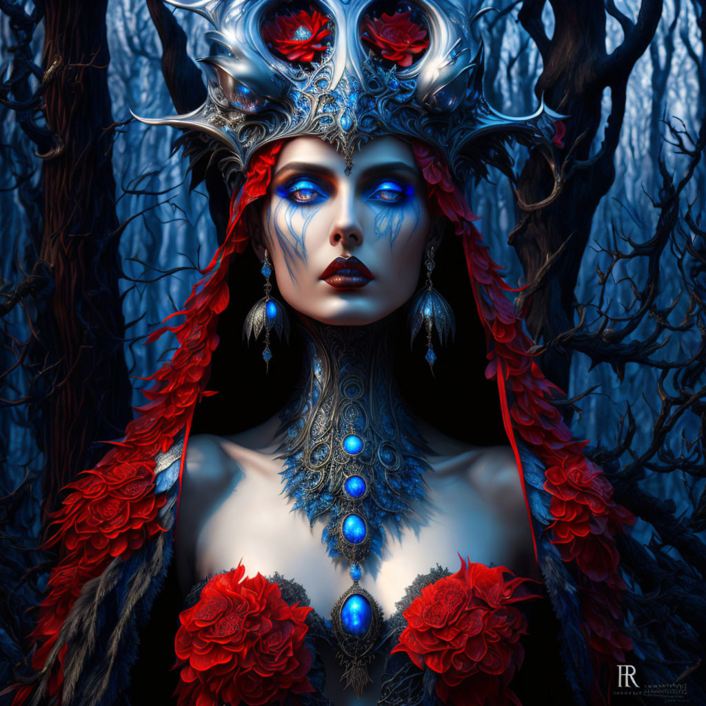 Digital artwork: Blue-skinned woman with metallic crown and red jewels in dark forest