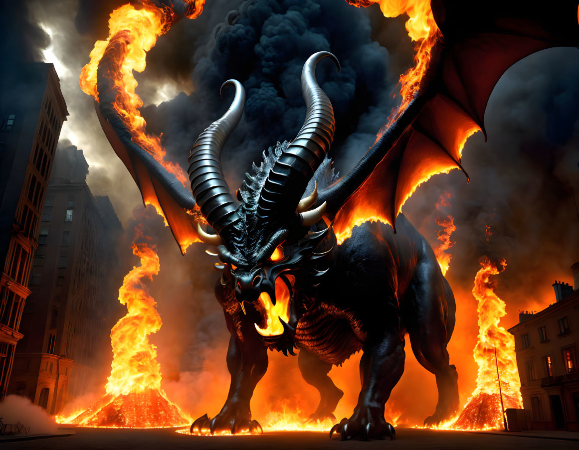 Fiery beast with curved horns in burning city streets