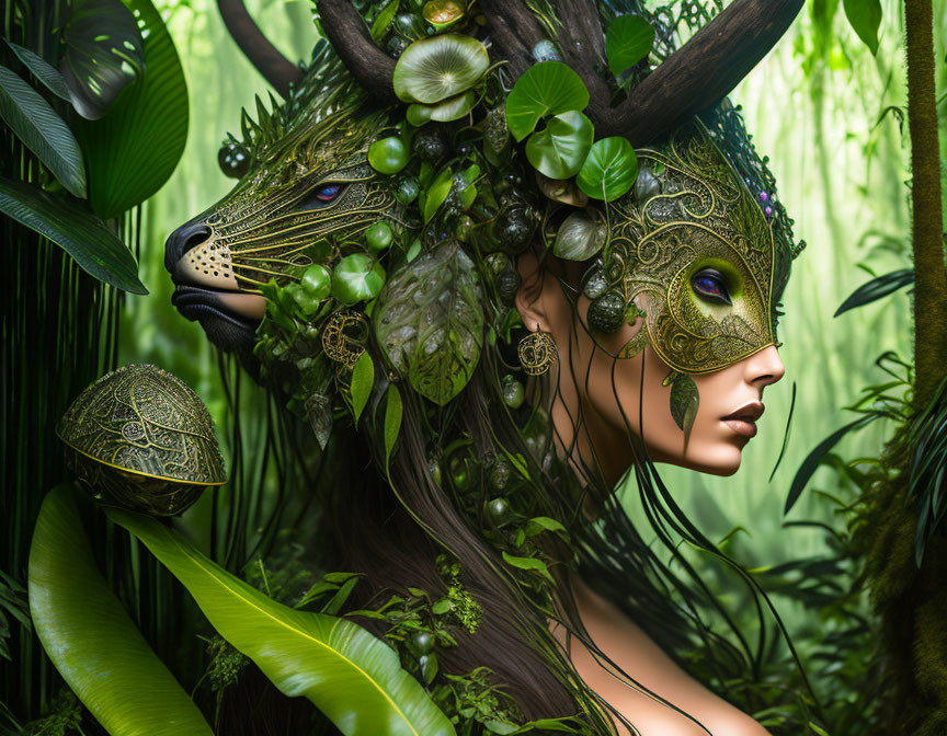 Mystical woman with ornate animal mask in lush green foliage