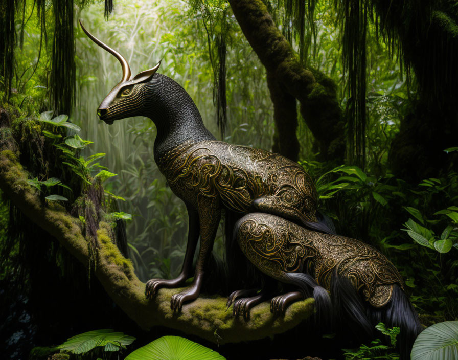 Metallic deer-like creature in engraved forest setting