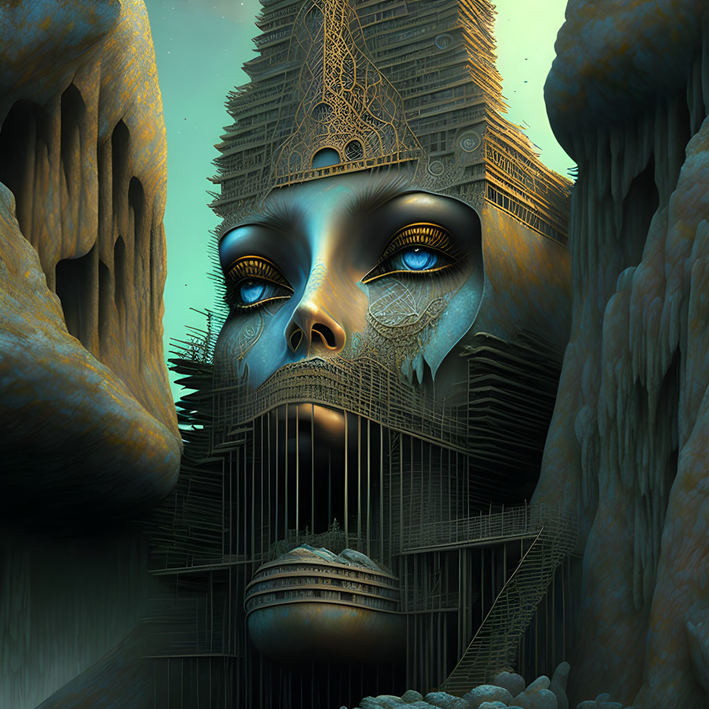 Surreal artwork: Giant face, blue eyes, architecture, rocks, dusky sky