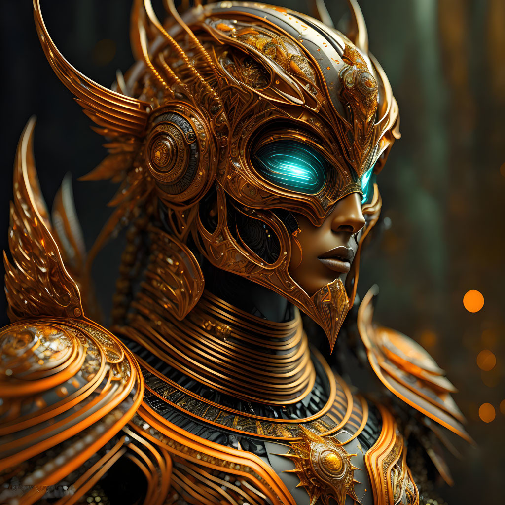 Female figure in futuristic golden armor with turquoise visor & intricate details