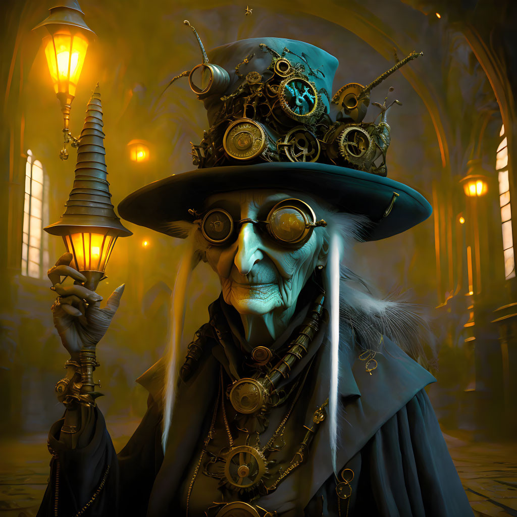 Steampunk elderly figure with goggles and top hat in gothic hallway