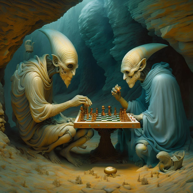 Alien creatures playing chess in a cave with serene blue glow