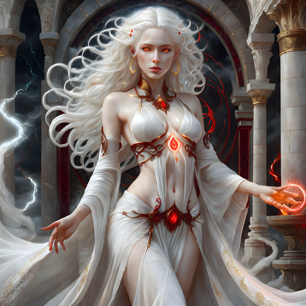 Fantasy woman with pale skin and white hair wields magic in temple setting