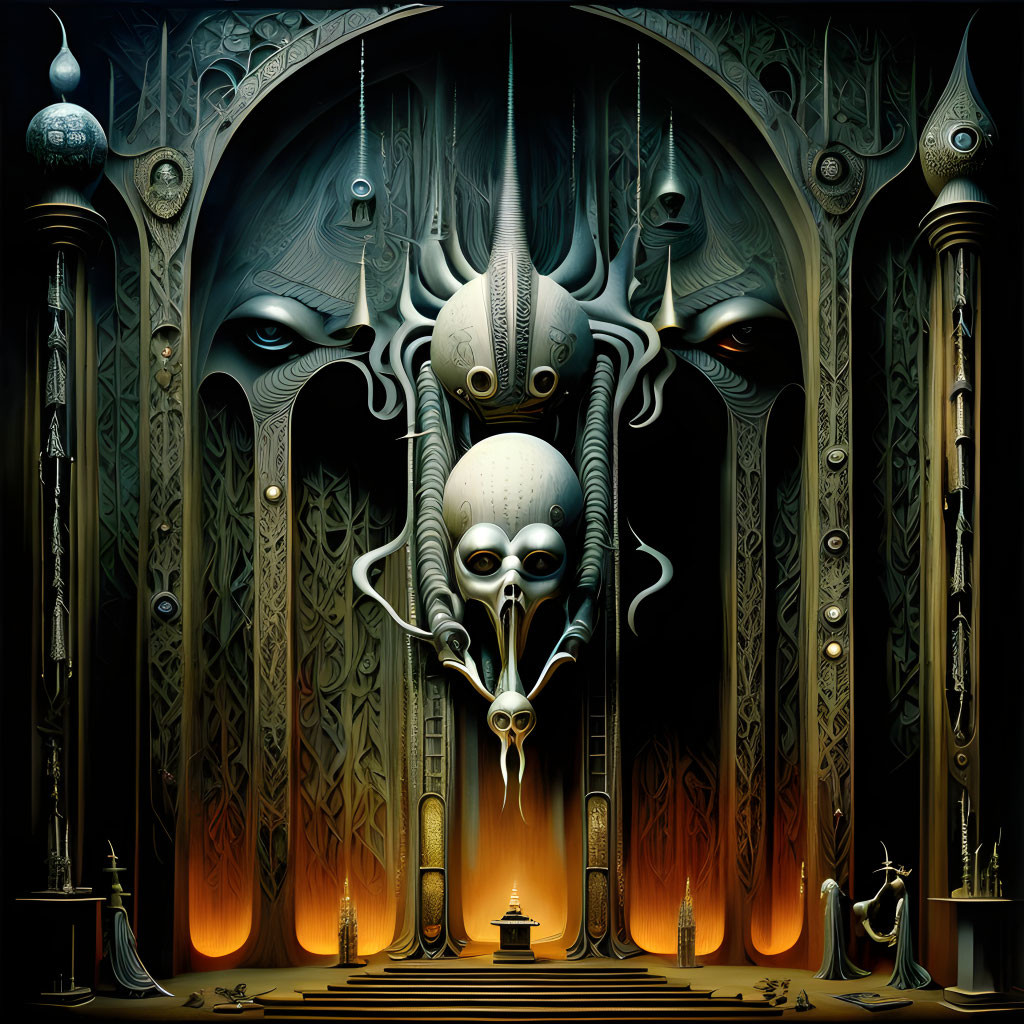 Dark surreal artwork: Ornate archway with eerie alien face and gothic designs