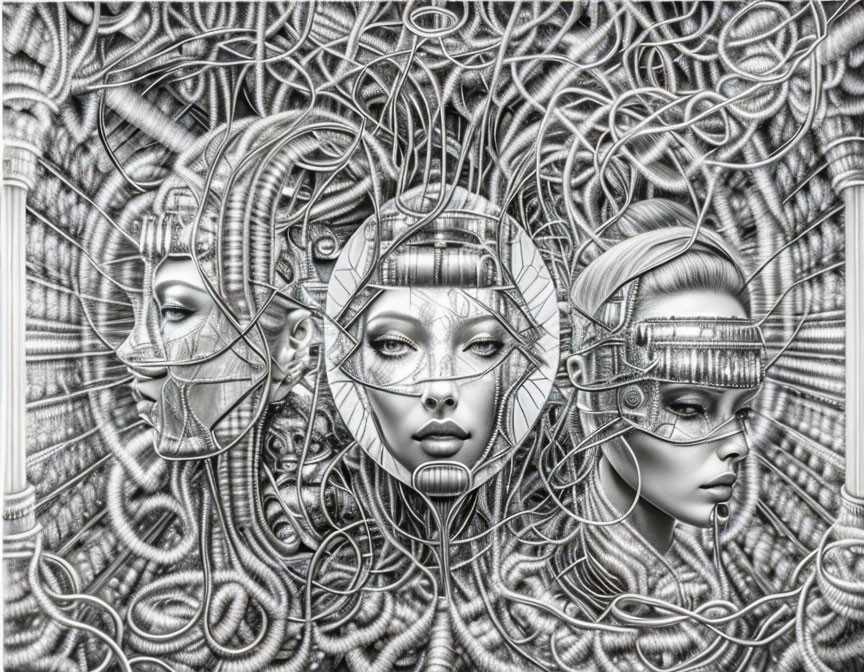 Stylized female faces with futuristic headgear in complex metallic background