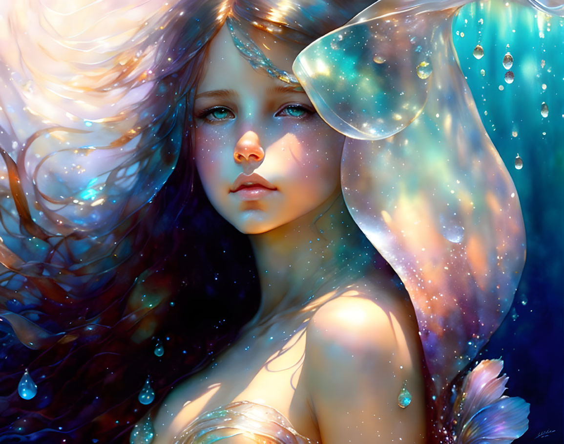 Fantasy illustration of a girl with butterfly wing and celestial background