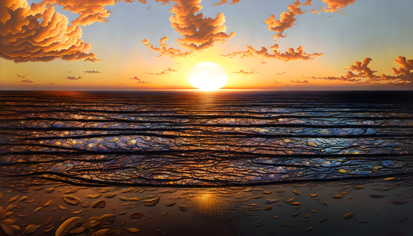 Colorful sunset painting with orange clouds and ocean reflections