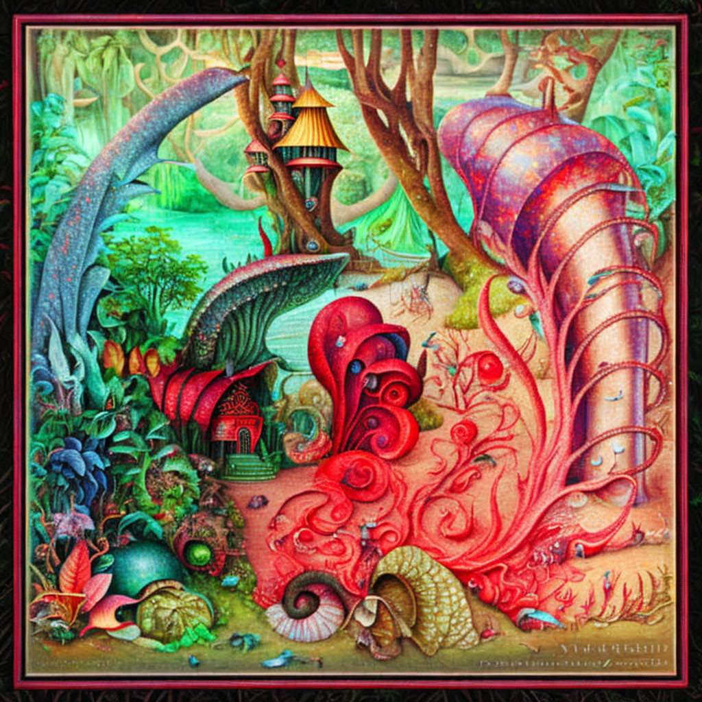 Colorful painting of whimsical forest with octopus and unique architecture