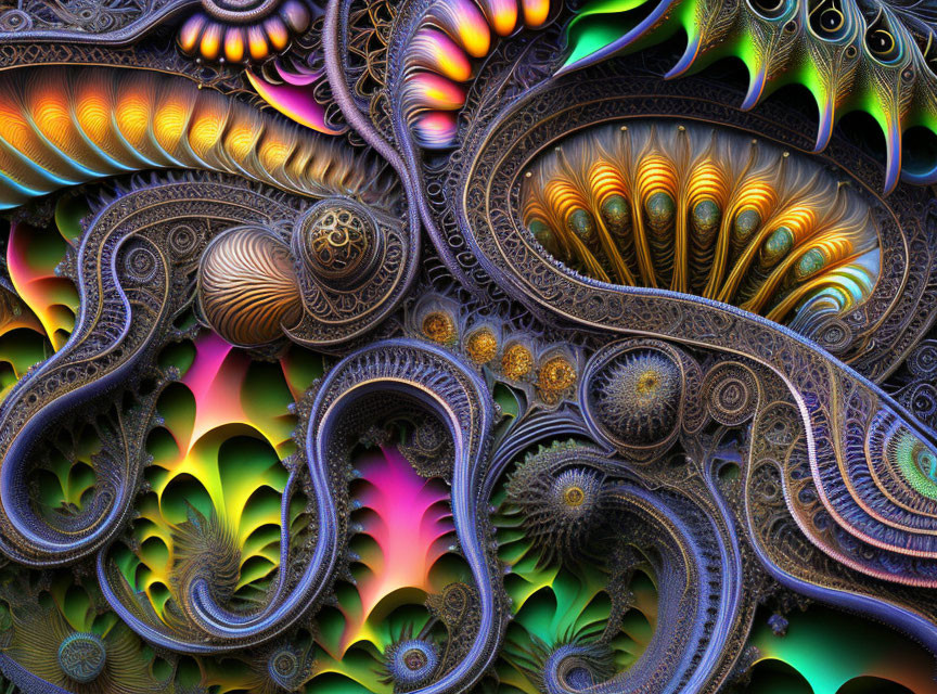 Colorful fractal art with intricate swirls and metallic textures