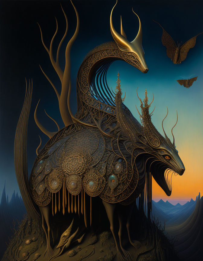 Mythical creature with ornate patterns and antlers in serene nighttime scene