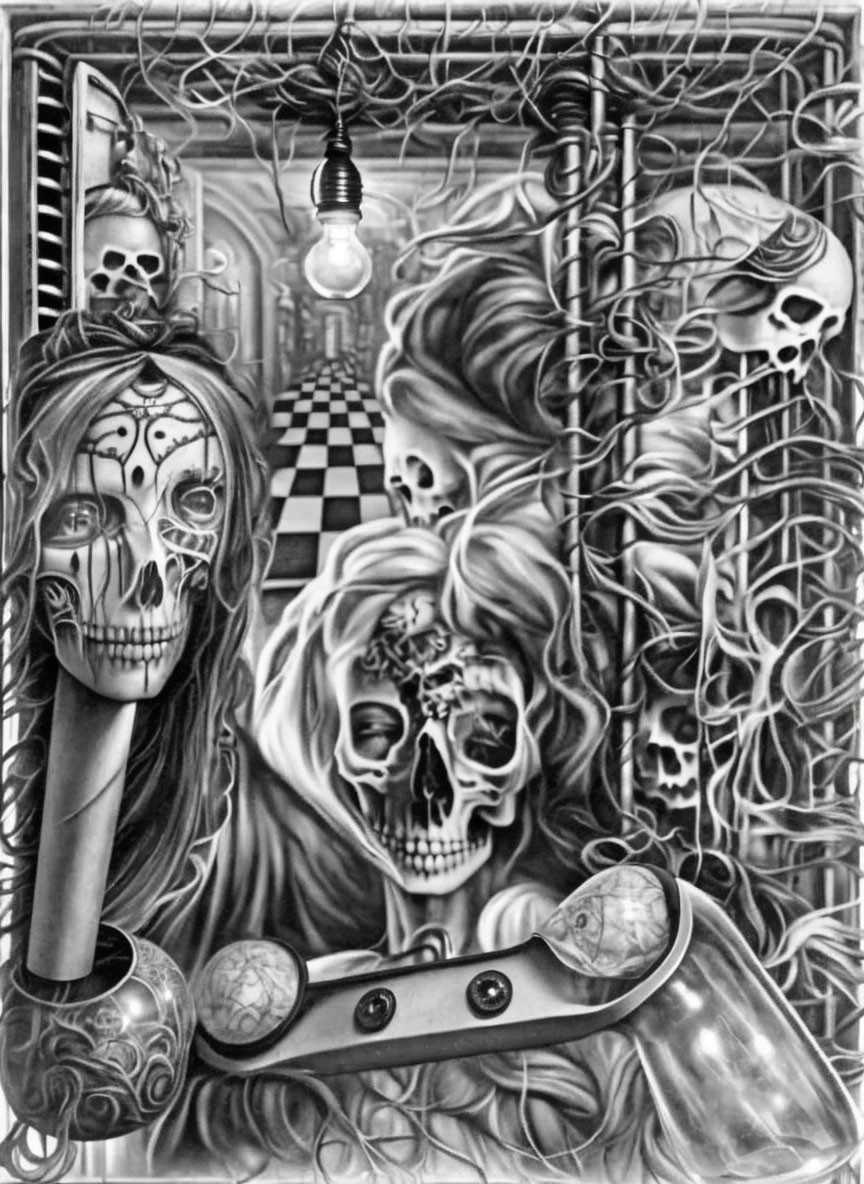 Monochrome artwork of person with skull face paint and phone surrounded by skulls, wires, and checkerboard