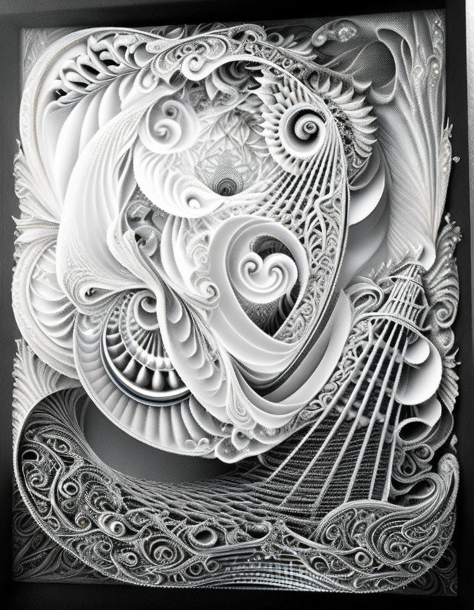 Intricate Monochromatic Fractal Artwork with Swirls and Spirals