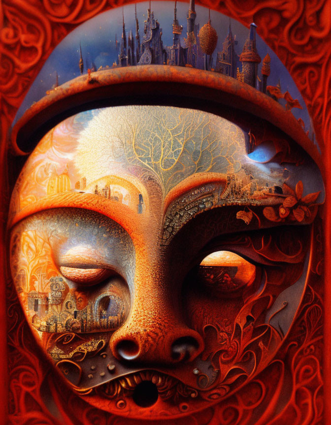 Surreal painting: Face with ornate patterns, cityscape, vibrant eyes