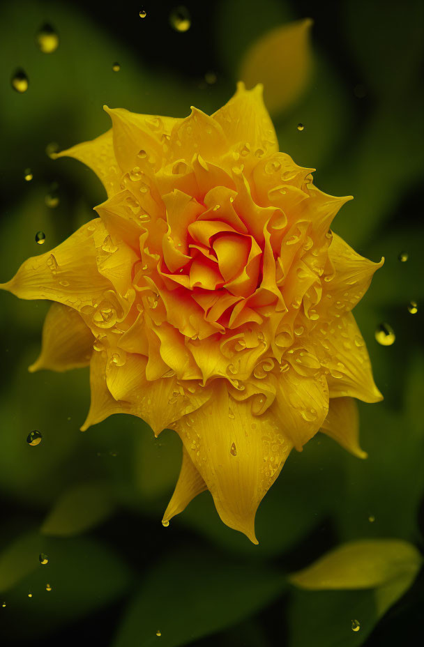 Vivid Yellow Dahlia with Water Droplets on Petals