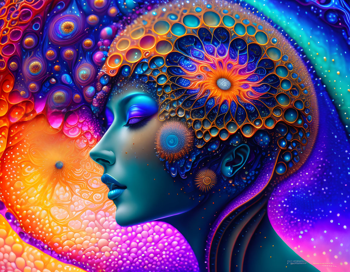 Colorful digital artwork: Woman's profile with cosmic theme