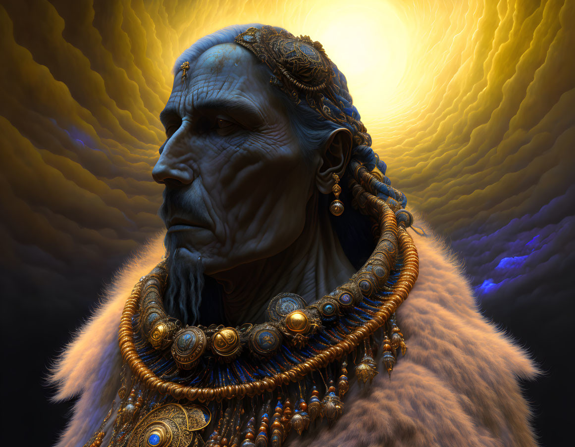 Elderly Blue-Skinned Figure in Golden Jewelry and Fur Attire