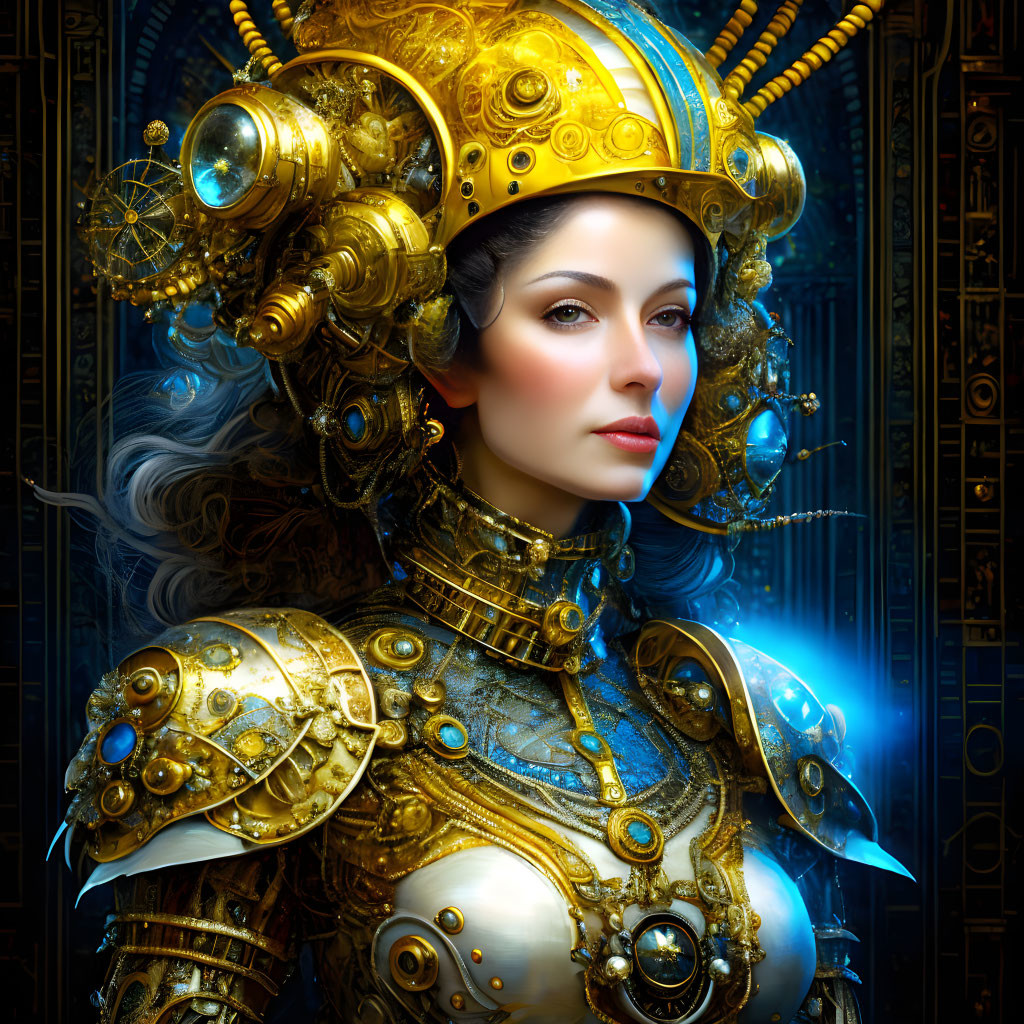 Elaborate steampunk-style diver's helmet woman in brass armor against futuristic backdrop