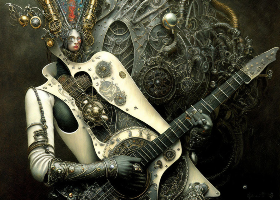 Cyberpunk-themed woman playing guitar with intricate mechanical details