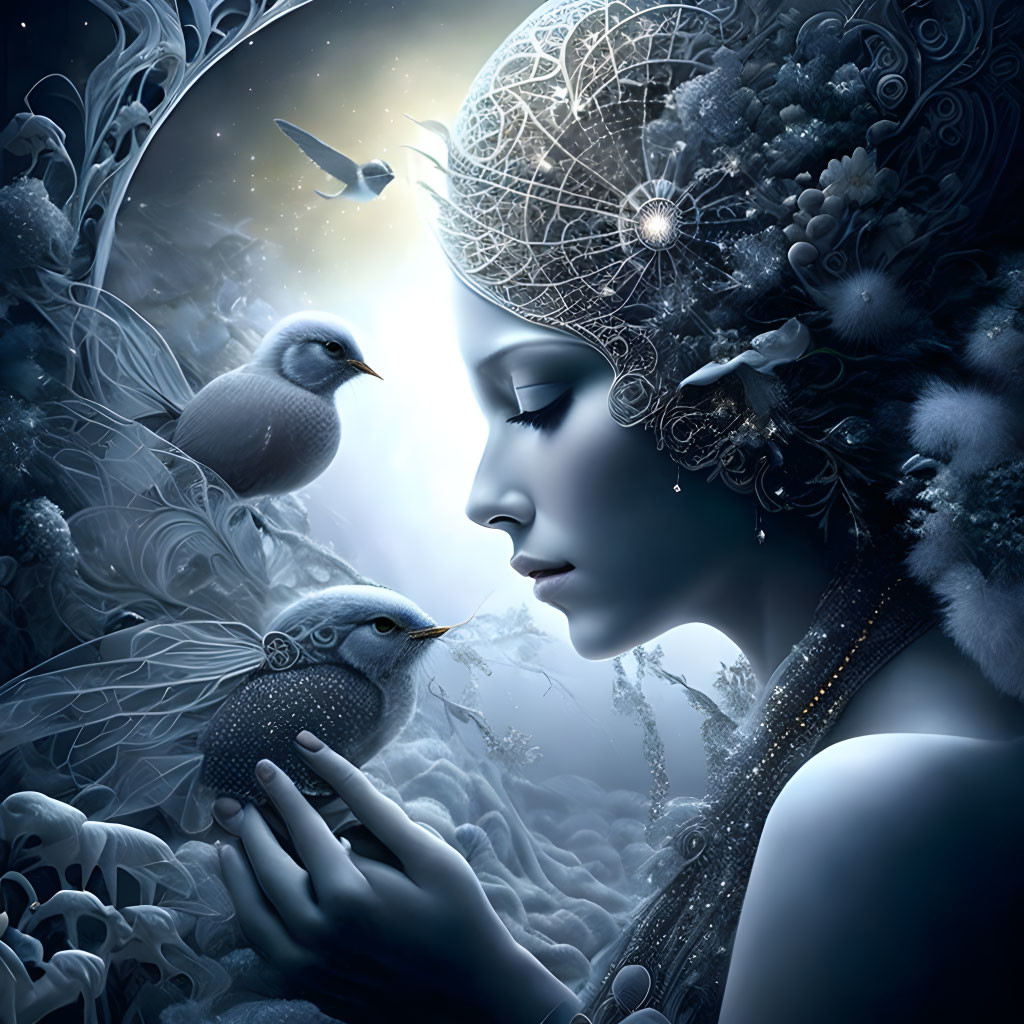 Serene woman with bird in moonlit forest setting