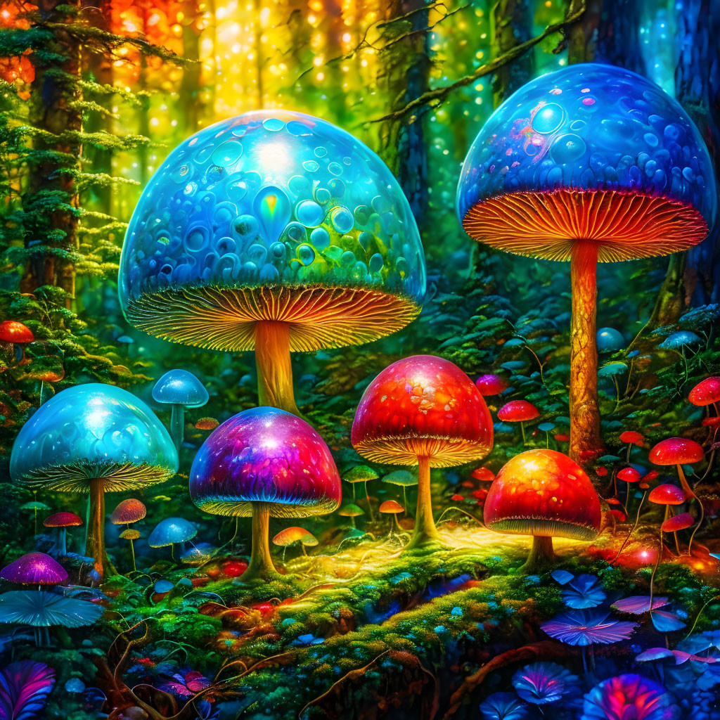 Colorful fantasy mushrooms in mystical forest with luminous tendrils