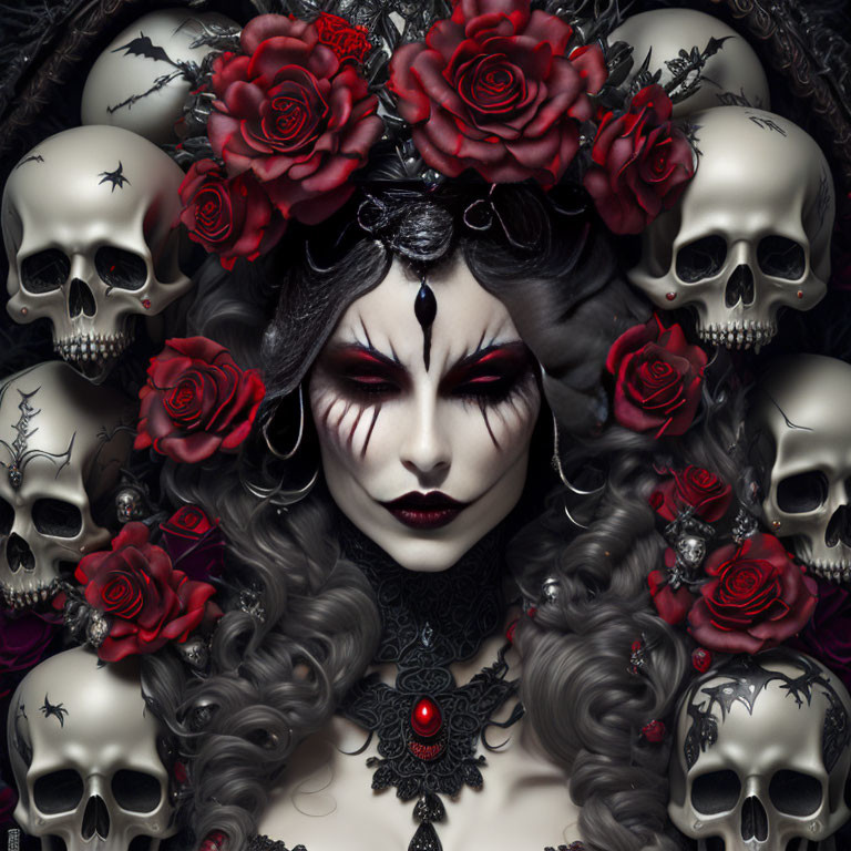 Gothic woman with skull motifs and red roses aesthetic