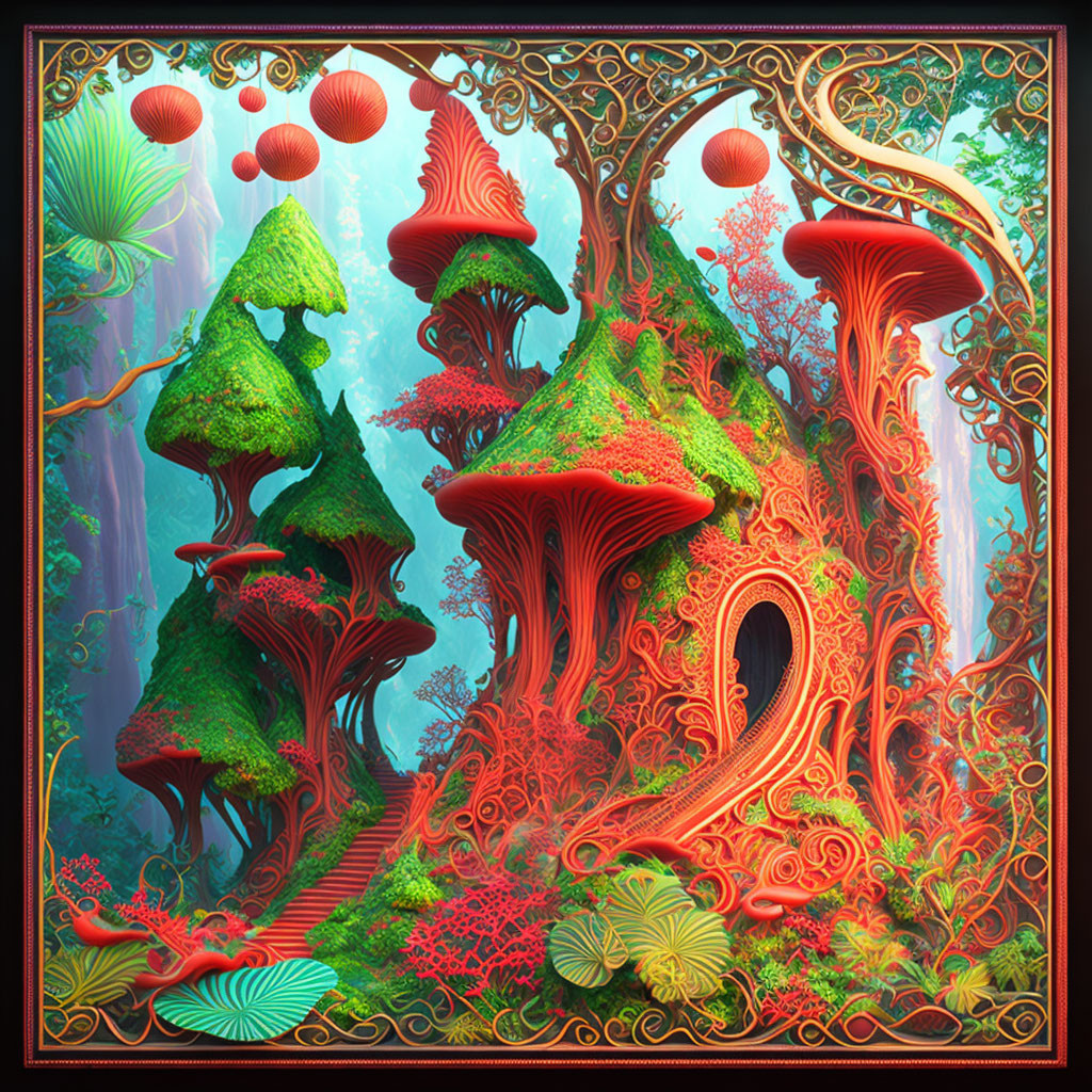 Fantasy illustration of mushroom-like trees and whimsical house in colorful forest