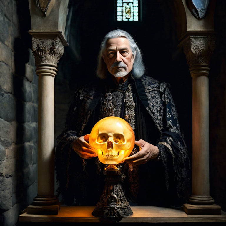 Elderly man with long white beard holding glowing skull in dimly lit room