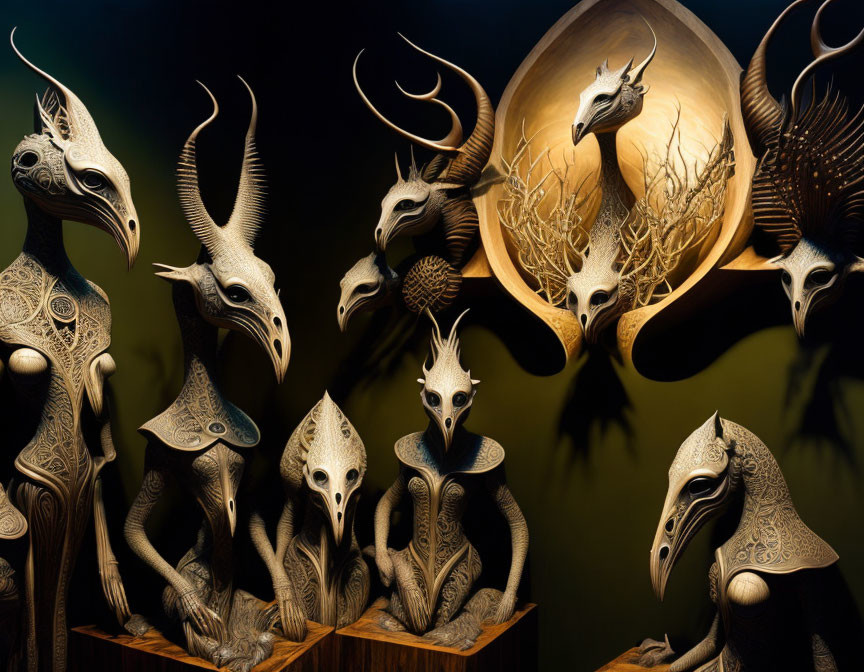 Intricate mystical bird-like masks with unique designs