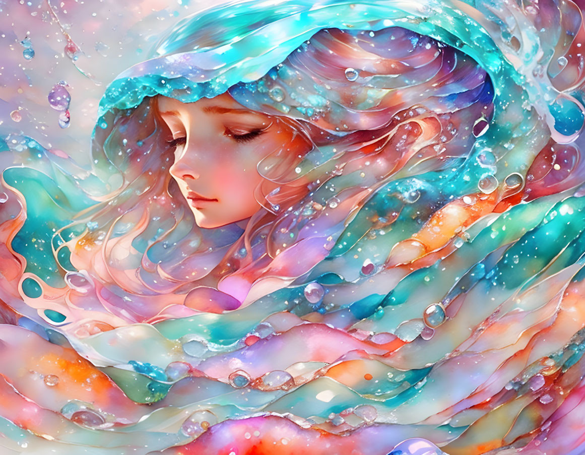 Colorful Hair Girl Surrounded by Bubbles and Glow