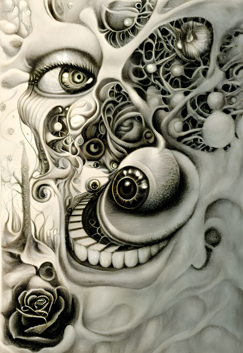 Abstract surreal artwork: multiple eyes, organic shapes, intricate details, monochromatic tones.