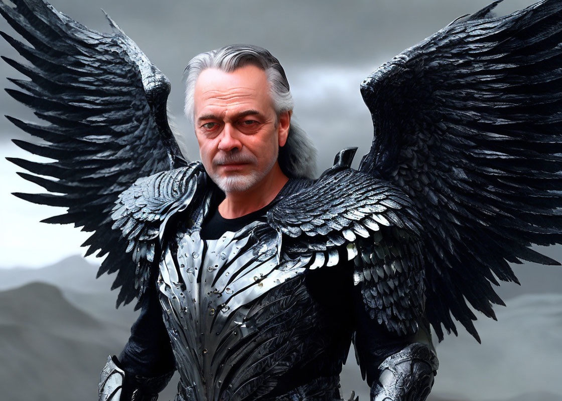 Gray-haired man with angel wings in dark armor against mountain backdrop