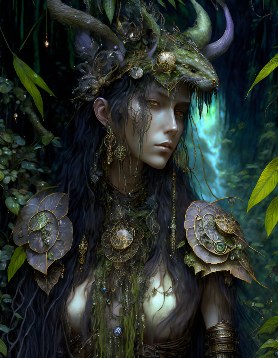 Ethereal being with antlers in forest-themed attire and golden jewelry