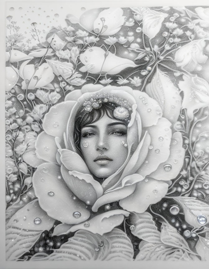 Monochromatic artwork: serene woman's face in blooming rose surrounded by foliage