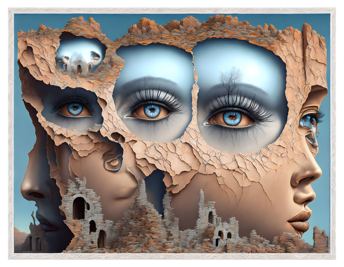 Surreal digital artwork: multiple faces merging with sandy landscape and castles