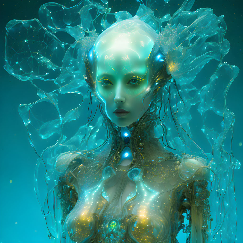 Ethereal female figure with luminescent skin and jellyfish-like embellishments