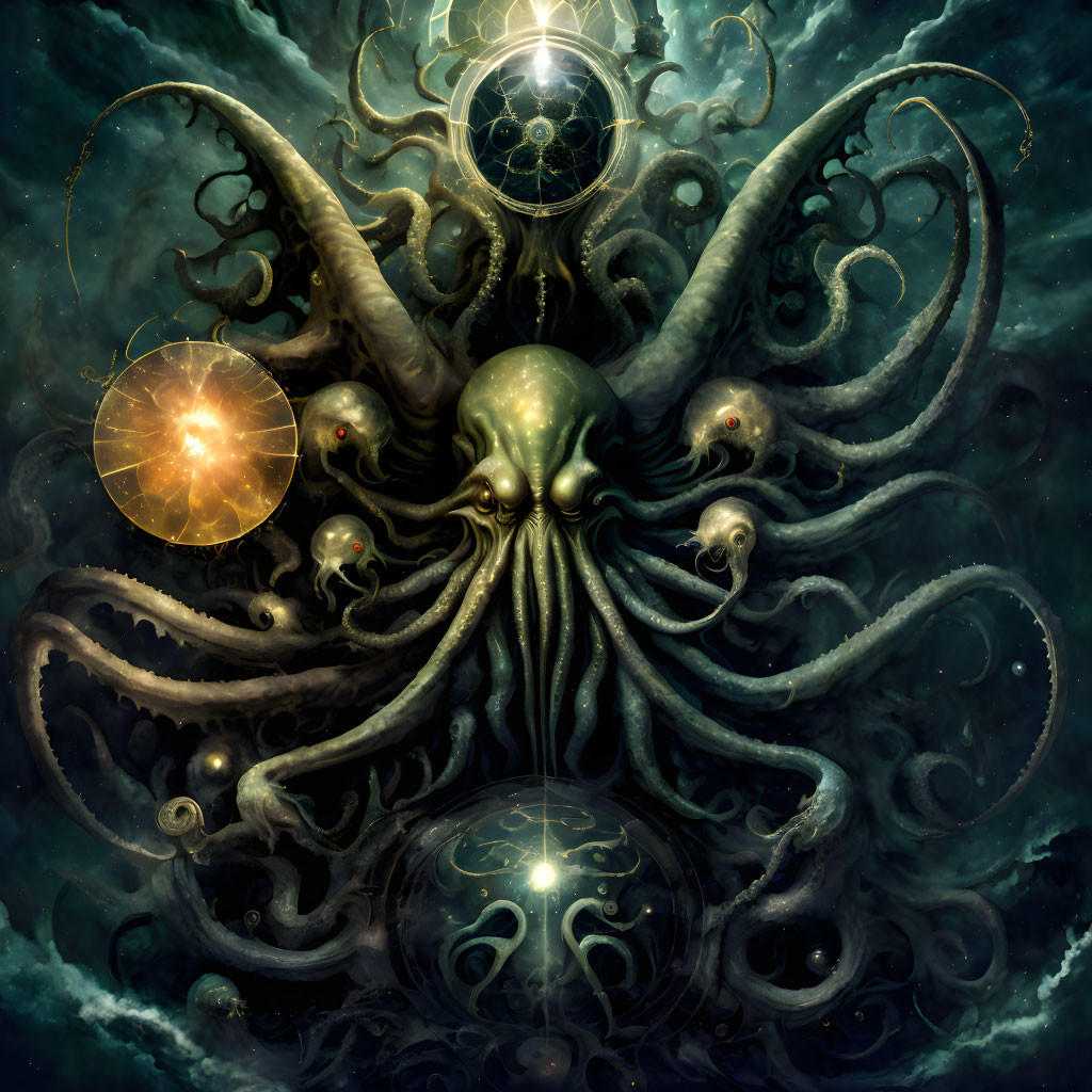 Mystical cosmic octopus with swirling tentacles in space