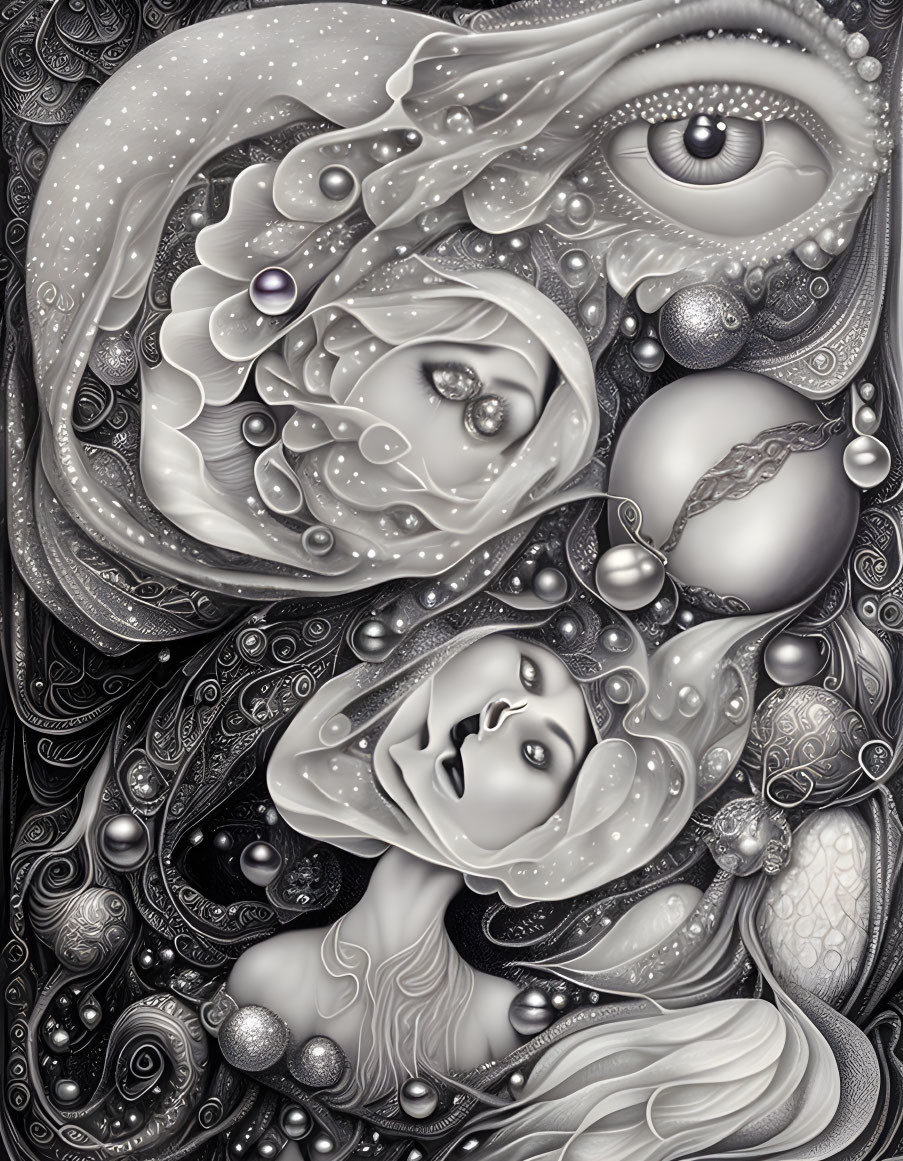 Surreal black and white artwork with ethereal woman's face and abstract shapes