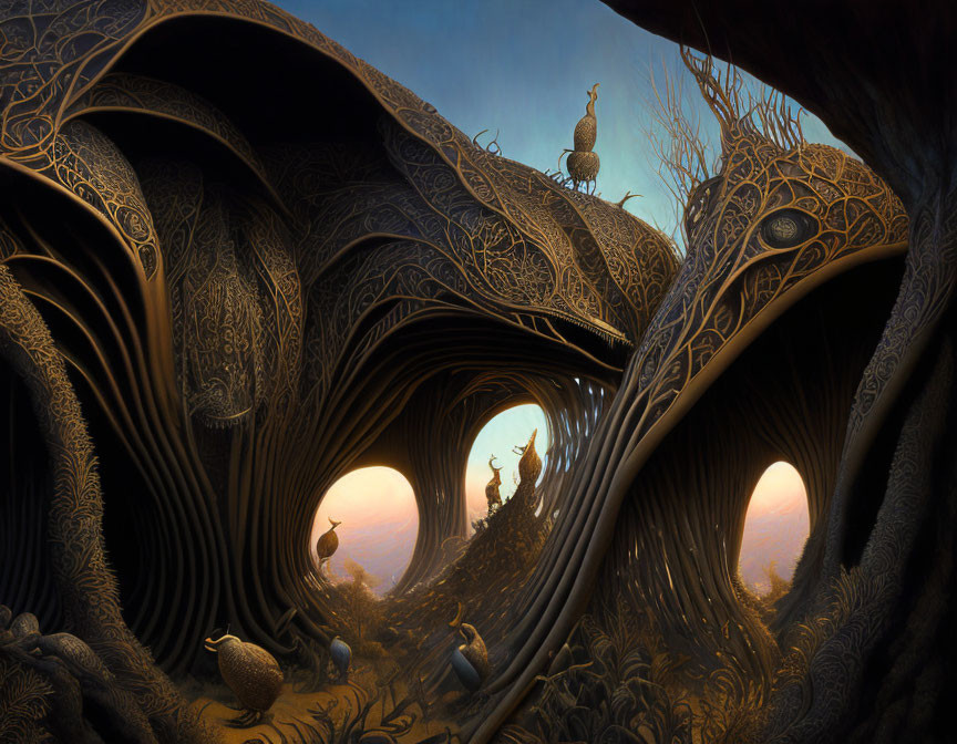 Fantasy landscape with tree-like arches, intricate designs, peacocks, and setting sun