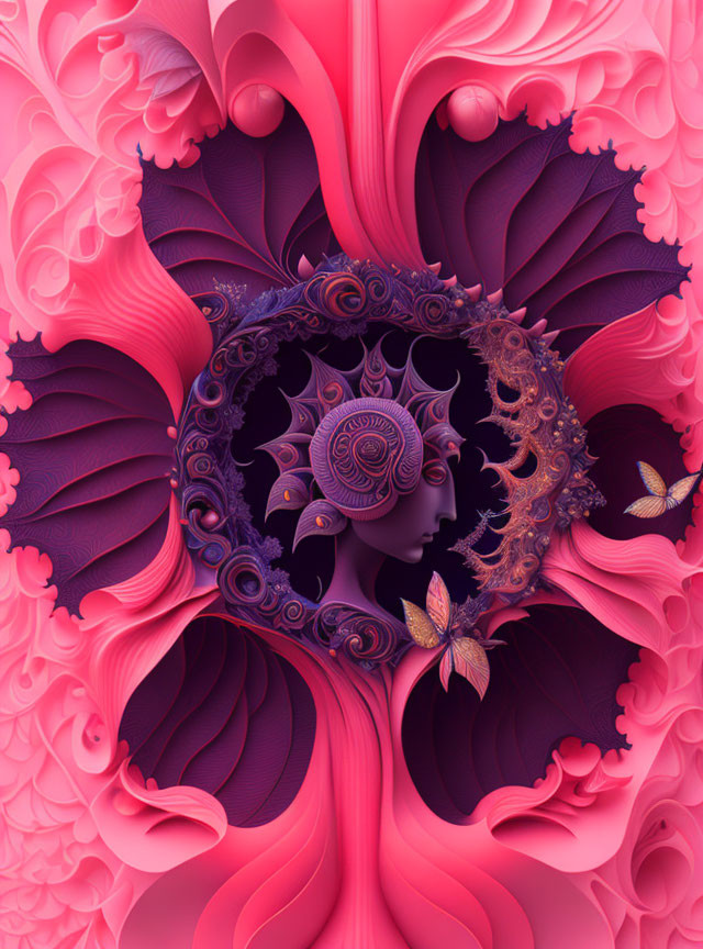 Surreal floral artwork with woman's profile in pink and purple palette