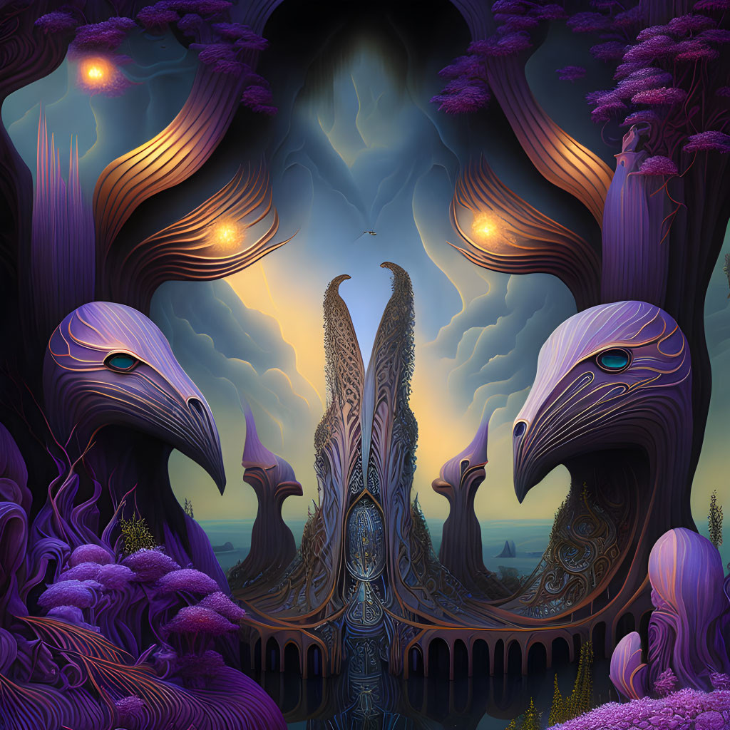 Surreal Artwork: Large Bird-Like Creatures in Mystical Landscape