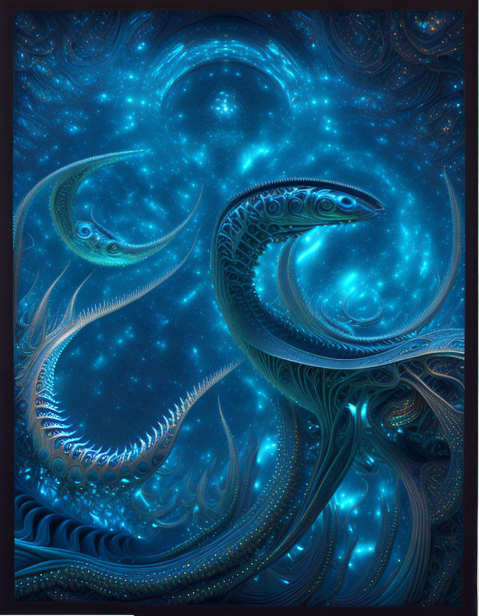 Intricate Blue Fractal Image: Swirling Cosmic Patterns & Abstract Shapes