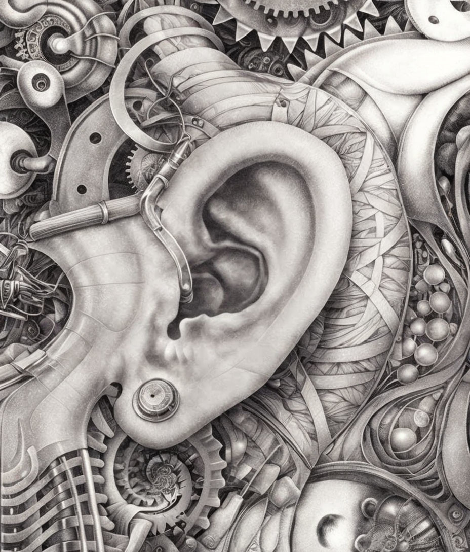 Detailed Monochromatic Drawing: Human Ear with Gears and Cogs