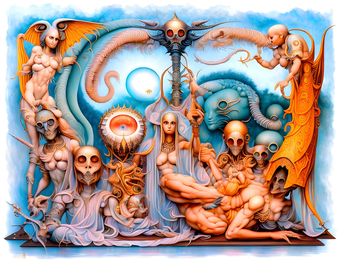 Intricate surreal art: human figures, skulls, abstract elements, vibrant blues, oranges.