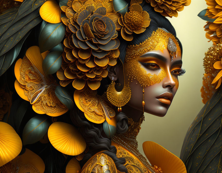 Luxurious artwork of a woman in golden jewelry and floral motifs