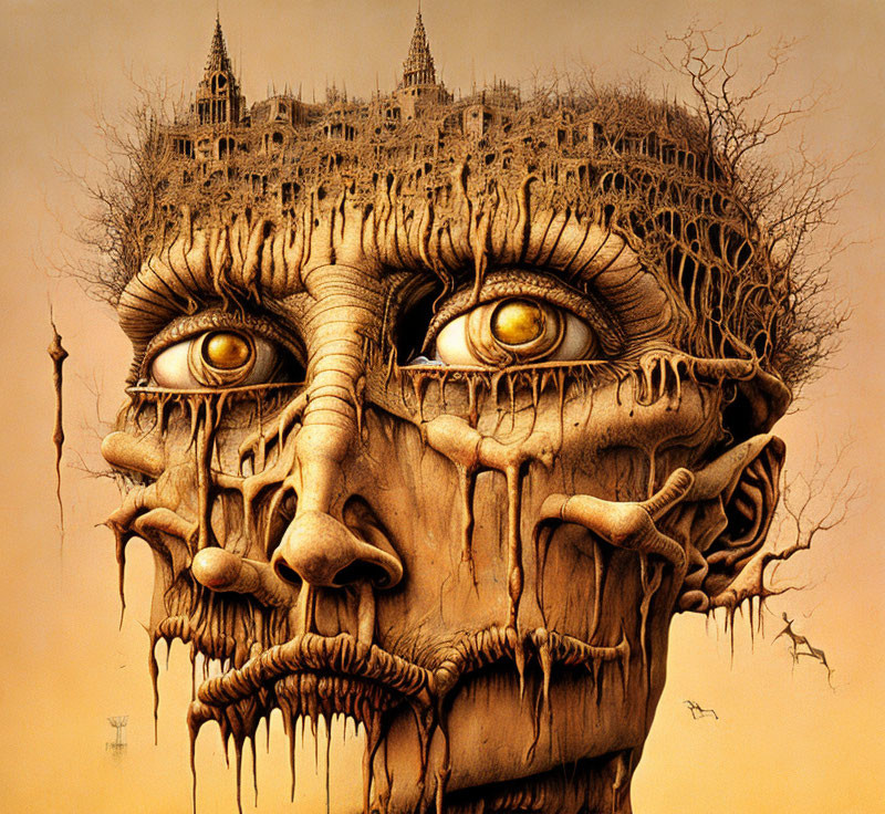 Surreal face art with architectural and tree-like features on amber backdrop