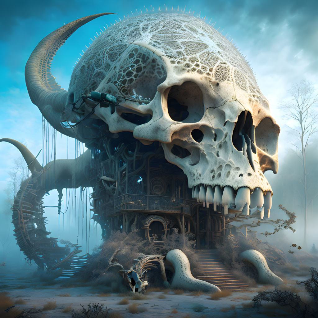 Skull-shaped structure in misty forest environment