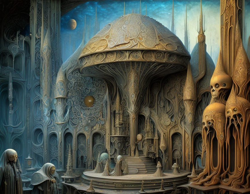 Detailed surreal artwork: otherworldly architecture with mushroom shapes, skulls, eerie figures