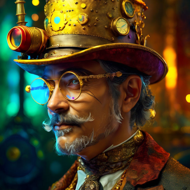 Man with Steampunk Style Hat, Goggles, and Mustache Portrait Against Vibrant Bokeh